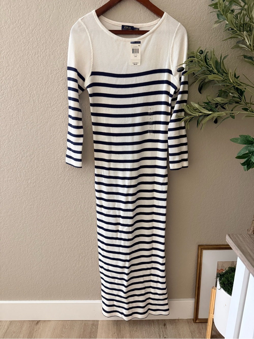 NWT Polo Ralph Lauren Striped Cotton Maxi Dress Navy White Size L - Picture 2 of 5